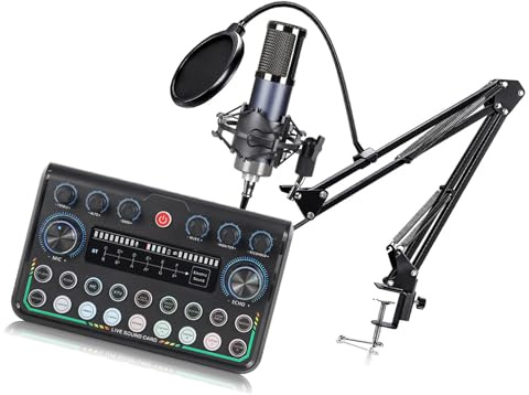 Uqezagpa 1 juego de micrófono condensador tipo C y tarjeta de sonido, cambiador de voz en tiempo real para dispositivo de transmisión auditiva en vivo