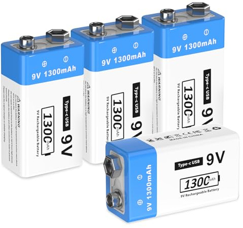 4Pack 9V Rechargeable Battery 1300mAh 9 V High Capacity Lithium Batteries for Smoke Detectors, Microphone, Alarms, Toys, Torches, Medical Devices etc