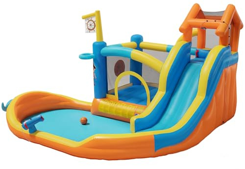 UEV Aufblasbare Hüpfburg XXL Indoor & Outdoor mit Gebläse 450W, EN71-1/2/3 | extra breiter Wasserrutsche, für Kleinkinder (3-10 Jahre), Kindergeburtstag, 414 x 364x 244 cm