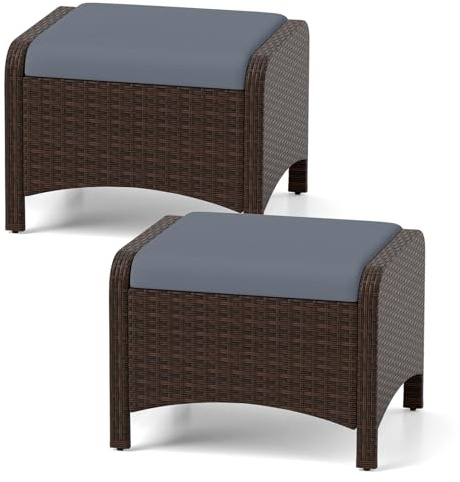 COSTWAY 2er Set Fußhocker Rattan, Sitzhocker mit abnehmbarem Kissen, Rattanhocker wetterfest, Gartenhocker für Garten, Balkon, Terrasse (Grau)