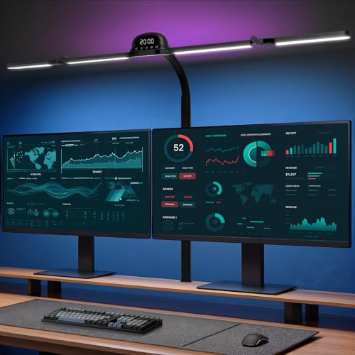 Bludrfnly Schreibtischlampe LED mit RGB, 120 cm Monitor Lampe Dimmbar | Klemmbar Tageslichtlampe mit Bewegungssensor, Lichtsensor, Fernbedienungs, Uhr, für Büro, Lesen, Architekten, Schneider