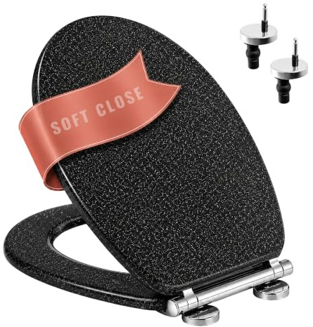 Black Glitter Soft Close MDF Toilet Seat Quick Release | Easy Clean Wooden Toilet Seats With Chrome Hinges Stabilising Bumpers