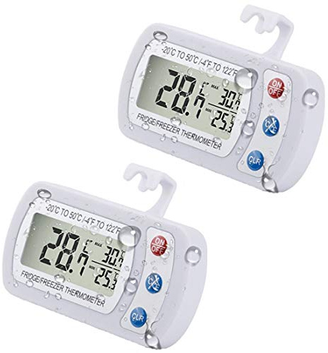 Upgraded 2-Pack Digital Refrigerator Thermometer, IPX3 Waterproof Wireless Freezer Room Temperature Monitor w/Hook, Large LCD Easy to Read Display & Max/Min Record Function for Indoor/Outdoor