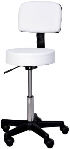 HOMCOM Rollhocker Höhenverstellbar mit Rückenlehne 72-84 cm Weiß | Drehhocker, Arbeitshocker, 360° Drehbar, Bürohocker, für Büro Salon Massage Spa