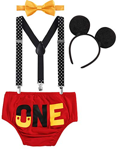 Cake Smash Outfits Baby Boy 1st Birthday Party Suspenders Diaper Nappy Cover Bow Tie with Mouse Ears Headband It's My 1st Birthday Party Outfits Baptism Clothing Sets Red One 6-12 Months UK