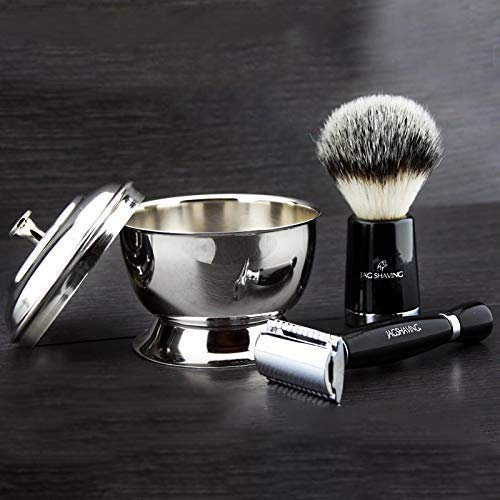 Modern Classics - Schwarz De Sicherheit Traditionell Nassrasur Set - 3-teiliges Set Silbern Spitze Synthetisch Dachshaar Pinsel & Klassisch Zweiseitiger Rasierhobel + Edelstahl Rasur Schale