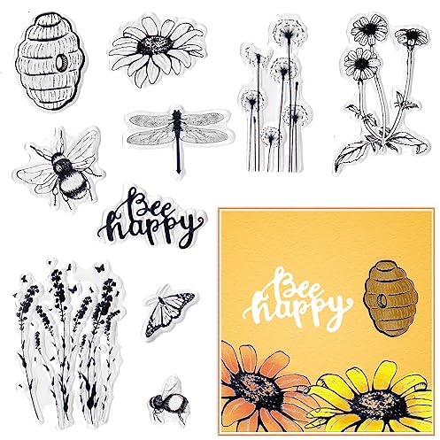 Bee Happy Nest Dragonfly Clear Stamp Silicone Stamp Cards with Sentiments, Flowers, Butterfly,Greeting Words Pattern for Holiday Card Making Decoration and DIY Scrapbooking Album DIY Crafts