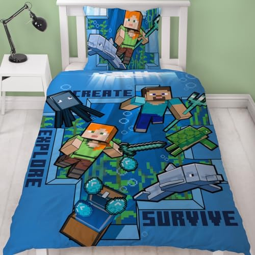 MTOnlinehandel Minecraft Bettwäsche Unterwasserwelt, 135 x 200 cm + 80 x 80 cm, Wendemotiv, 100% Baumwolle, Kinder- und Jugendbettwäsche