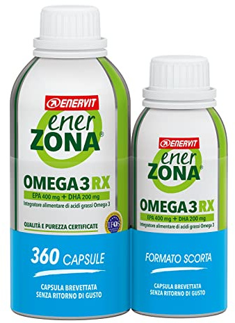 Enervit, Enerzona Omega 3 RX, Senza Ritorno di Gusto, Integratori Omega 3, Acidi Grassi per Cuore, Vista e Cervello, Olio di Pesce Omega 3 Capsule, Senza Glutine, Flacone 240+120 Capsule da 1 Grammo