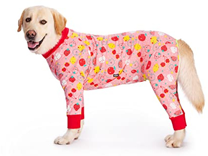 BT Bear Stora hundkläder, elastiska husdjur Onesie kläder skyddar lederna anti-hår anti-slickning, sårskydd husdjurspyjamas hund jumpsuit för medelstora hundar (4XL, rosa frukt)