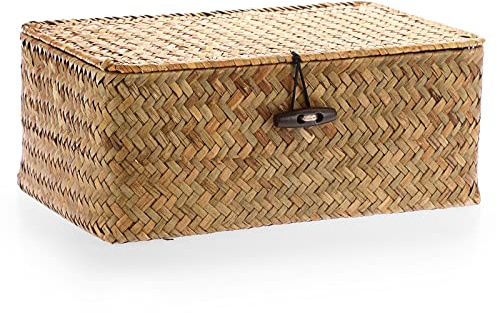 IGNPION Panier de rangement en jonc de mer avec couvercle Panier de bureau tissé en jonc de mer Rectangulaire Organisateur de rangement de salle de bain Boîte décorative Panier de rangement