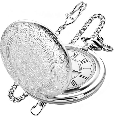 Tiong Silberne große dekorative Taschenuhr mit Blumenmuster, weiße römische Digitale Skala, Quarz-Taschenuhr, Herren-Kette, Weihnachten/Abschluss/Geburtstag/Vatertag, Mb-cfj002…