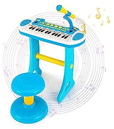 GOPLUS Kinderkeyboard mit 31 Tasten & Hocker, Elektronisches Keyboard mit Mikrofon, Aufnahme- und Wiedergabefunktion, Blinklichter, 22 Demos, Musikinstrument für Kinder ab 3 Jahren (Blau)