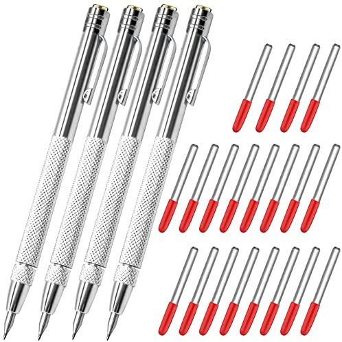 4 piezas puntas de carburo de tungsteno con 20 puntas de marcado de repuesto, pluma de grabado de carburo de aluminio, pluma de grabado con clip, pluma de grabado de metal para vidrio (plata)