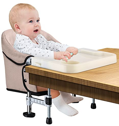 Hook on Chair with Removable Dining Tray, Portable Clip on High Chair Use at Most Tables, Table Attached high Chair with Carry Bag, Fast Table Chair Travel Feeding Seat for Baby & Toddlers (Brown)
