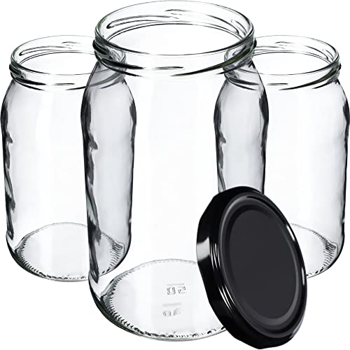 KADAX Lot de 24 bocaux en verre, 900 ml, à insérer, utilisables comme pots de confiture, de provision, de conserve, noirs