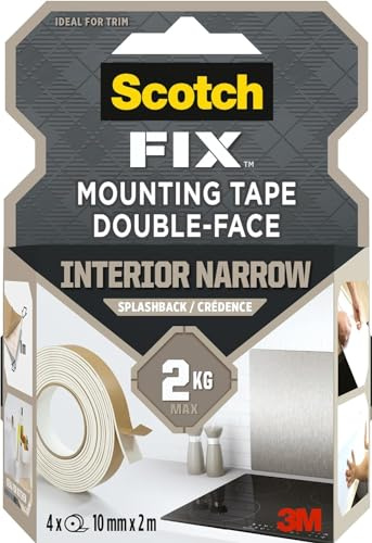 Scotch-Fix Montageband für Spritzschutz - 4 Rollen, 10 mm x 2 m - Innenbereich, für elektrische Zierleisten und Fußleisten - Hält bis zu 2 kg