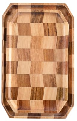 TJ POP Wood Serving Tray Set of 2 - Rectangular Platter, Checkerboard Coffee Table Decorative Tray for Food and Home Decor (34 x 21 cm, 30 x 18 cm)