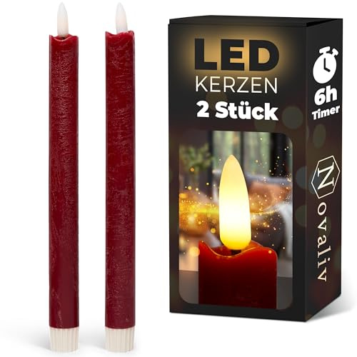Novaliv Stabkerzen LED mit Timer Rot 2er Indoor mit 6 Stunden Timer - ECHTWACHS 24cm Höhe für Kerzen 2,2cm Durchmesser 2 AAA Batterien notwendig LED Stabkerzen flackernde Flamme bewegliche Flamme