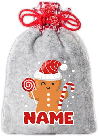 Saquitos de Navidad personalizados con nombre y diseño de pan de jengibre para niños, tamaño 30 x 40 cm