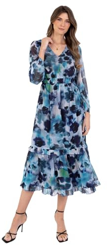 Lovedrobe Abito da Donna Midaxi Lungo a Maniche a Palloncino con Scollo a V e Volant a Balze Stampa Floreale Astratta Linea ad A Vita Elasticizzata Vestito, Blu, 46