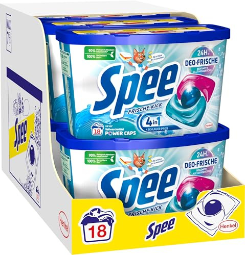 SPEE Power Caps Deo-Frische Frische-Kick 8x 18 WL (144 Waschladungen), Vordosiertes Vollwaschmittel Mit 4 + 1 Formel Bekämpft Alltagsgerüche für 24 h, für Temperaturen Von 20° - 95° C