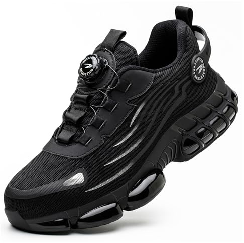 SDEQA Safety Shoes Mens Steel Toe Cap Trainers Womens Lightweight Breathable Shock-Absorbing with Rotary Button Safety Sneakers for Work Construction Industrial,Black,8 UK