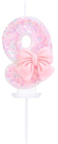 EAKE Geburtstagskerze mit Zahl 9, rosa Glitzer mit 3D-Schleife, 9 Kerze, Geburtstag, Mädchen, Frauen, Pastell, süßes Thema, 9. Geburtstag, Hochzeitstag, Party, Kuchendekoration