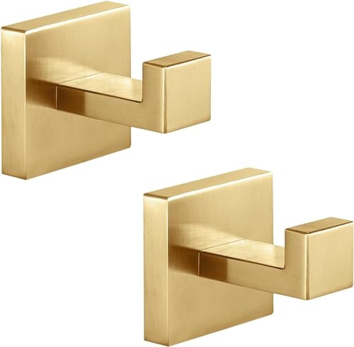 QNIIAED Square Bathroom Towel Hook,Door Hooks Screw in for Robes Coats | 2 Pack Heavy Duty Stainless Steel Wall Hanger for Kitchens,Bedroom,Hold Up To15 Lb,for Keys Clothes Bags(Brushed Brass Gold)