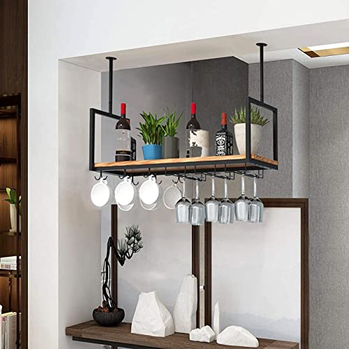 Generico Portabicchieri da Vino da Appendere al soffitto - Mensola da soffitto - Portabottiglie da Vino in Ferro battuto sospeso, portabicchieri Vintage in Legno massello Loft, portabicchie