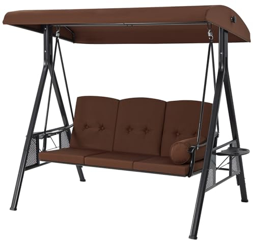 YODOLLA 3-Sitzer Hollywoodschaukel für Erwachsene, 3-Sitzer Veranda Schaukeln mit verstellbarem Baldachin, Außenschaukelbank mit abnehmbarem Kissen für Hinterhof, Garten, Hof, Pool, Balkon (Braun)
