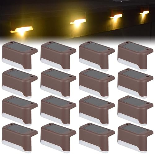 Solar Lights Outdoor, 16 Pieces Solar Fence Lights Waterproof Solar Deck Lights Warm White Solar Stair Lights Outdoor Solar Step Lights Waterproof Solar LED Lights for Railing Wall Garden Backyard
