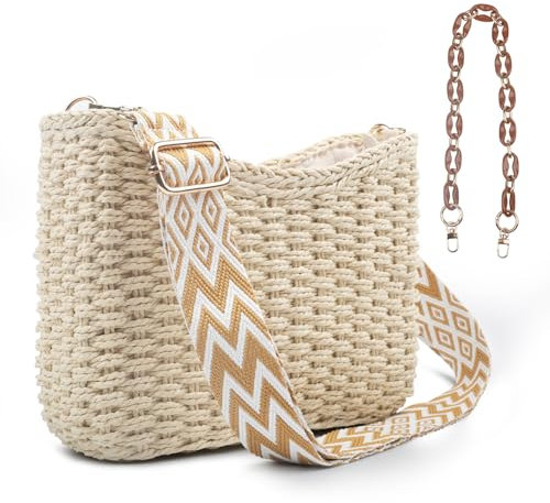 Fangoo Sac à Main Bandoulière en Paille pour Femmes - Bohème avec Bretelles Croisées Obliques et Crochet