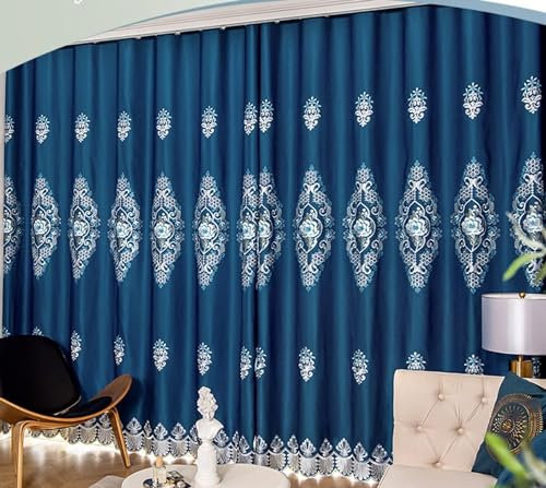 Bishilin Vorhänge Blickdicht 2 Set Pfauenblau, Verdunklungsvorhänge Haken Landhausstil Stickerei mit Blumen Motiv 102x138CM Gardinen Polyester Wohnzimmer Jugendzimmer Schlafzimmer