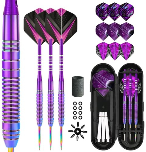 Trecynd Professionelle 90% Wolframstahl-Spitze Darts Set, 90% Wolframstahl Darts mit Metallspitze Set mit 3 Aluminiumschäften und zusätzlichen Dart-Flügeln (lila)
