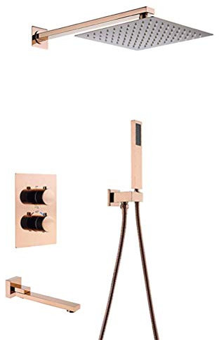 VNNHGB Duschhahn-Set, Roségold-Messing-Duschhahn, Regenduschkopf, Duschsystem, Umstellventil, Duschset mit Thermostatventil, 10 Zoll