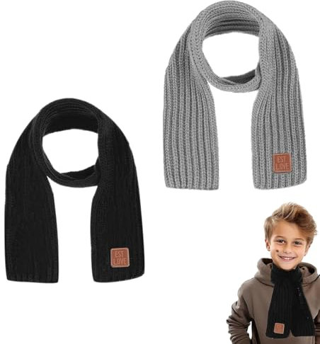 GUTERTOP 2 Stück Gestrickter Schal Kinder, Weicher Schön Schals für Mädchen, Niedlich Winter Warm Kinder Schal für Jungen (Schwarz, Grau)