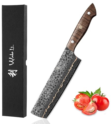 Wakoli Kawa Nakirimesser 18 cm mit Kupfereinlage und Ahornwurzelholzgriff | 67 Lagen Damaststahl mit VG10 Kern, Full Tang und 15 Grad V-Schliff für präzise Gemüse- und Kräuterschnitte, in Geschenkbox