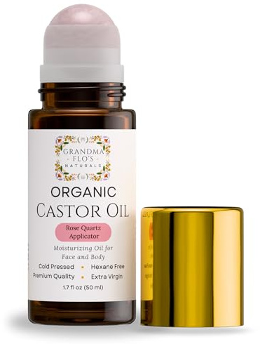 Grandma Flo's Naturals Organic Castor Oil with Rose Quartz Roll On For Face and Body - Glass Bottle, Cold Pressed, Hexane Free, Unrefined - Stimulate Hair Growth, Moisturize Skin (50ml)