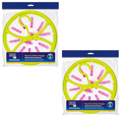 HOMESHOPA 2 Pack Green/Pink Round Sock Dryer with 12 Pegs 360°Rotating Hook, Laundry Clothes Drying Plastic Rack, Wind-proof Washing Line Underwear, Baby Clothes Drying Hanger Portable