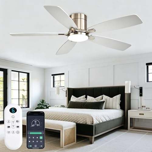 FUMLTP 52 inch Ceiling Fans with Lights, Flush Mount Ceiling Fan with Light and Remote/APP Control, DC Motor, Dimmable LED, Noiseless, Low Profile Ceiling Fan for Bedroom Indoor/Outdoor Use (Nickel