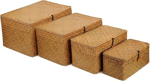 4 Stück Rattan Aufbewahrungsbox, Seegras Aufbewahrung, Aufbewahrungskorb mit Deckel, Rechteckig Haushalts-Organizer-Boxen, Regal Kleiderschrank Organizer für Regal Organizer