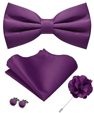 JEMYGINS Herren Matte Einfarbige Fliege mit Taschentuch Manschettenknöpfen und Ansteckblume Set