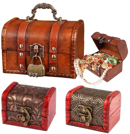 3Stück Vintage Holz Schatztruhe Klein Schatzkiste mit Zahlenschloss Vintage | Schatzkiste Holztruhe Schatztruhe Kinder Lagerung Schmuckkästchen Mini Holztruhe für Aufbewahrung und Dekoration
