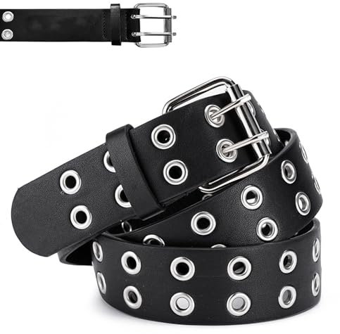 KiBlithemor Schwarz Nietengürtel, Nietengürtel Damen, Doppelloch Ledergürtel Jeansgürtel Studded Belt, Punk Style Cosplay Gürtel Nieten Hip Hop Nietengürtel Nietengürtel Herren Gothic Rockwear