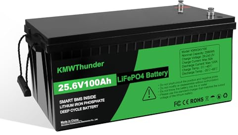 KMWThunder LiFePO4 Lithium-Akku 25.6 V 100 Ah 2560 Wh Mit BMS-Schutz bei niedriger Temperatur, Max 15000 Zyklens Lithium-Eisenphosphat-Akku, für den Einsatz in Wohnwagen, Camping,Solar