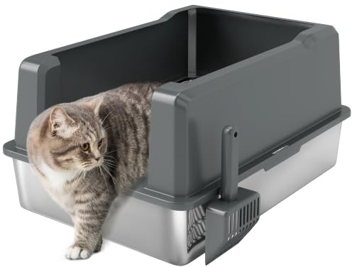 PawHut XXL Katzenklo 85L halbgeschlossen 71x50,8x35,5cm Grau | Edelstahl, Katzenklo-Haus, Schaufel, rutschfeste Pads, leicht zu reinigen