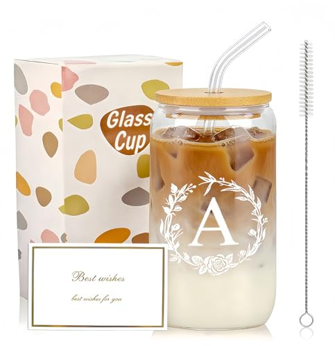 Dmnnlp A-Z Initial Personalised Gifts for Women, 16oz Iced Coffee Glass Cups with Lids, Straws, Brush & Card, Iced Coffee Birthday Gift Set for Women, Mum, Wife, Friends(A)