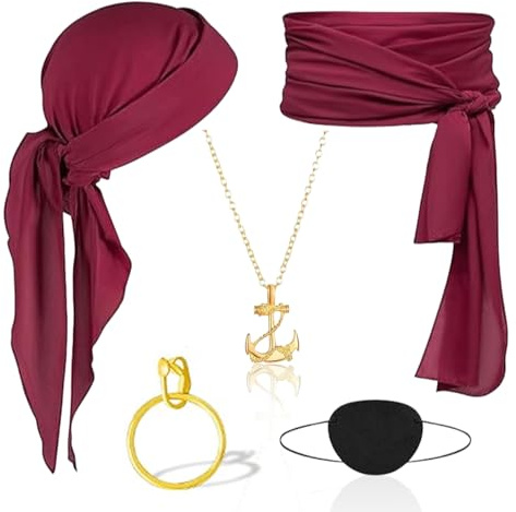 MIVORA Piraten Kostüm Zubehör Set, 5pcs Damen Herren Piraten Verkleidung Accessories Kopftuch Augenklappe Ohrringe Halskette Schärpe für Halloween Cosplay Karneval Party