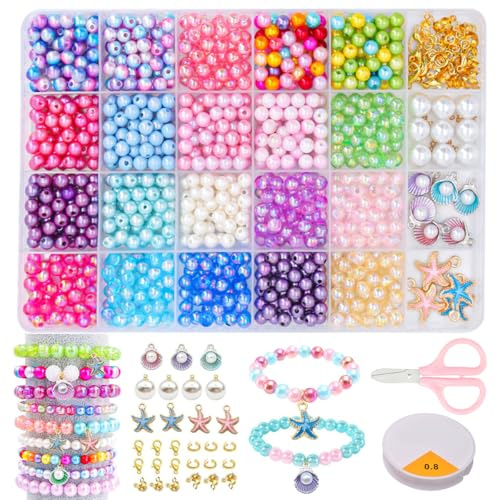 Perline per Braccialetti Bambini Fai da Te, 600+ Pezzi Perline per Braccialetti Bambina con Rocchetti di Filo e Forbici, DIY Perlin-e Braccialett-i per Bambine 5+ Anni per Collane, Gioielli